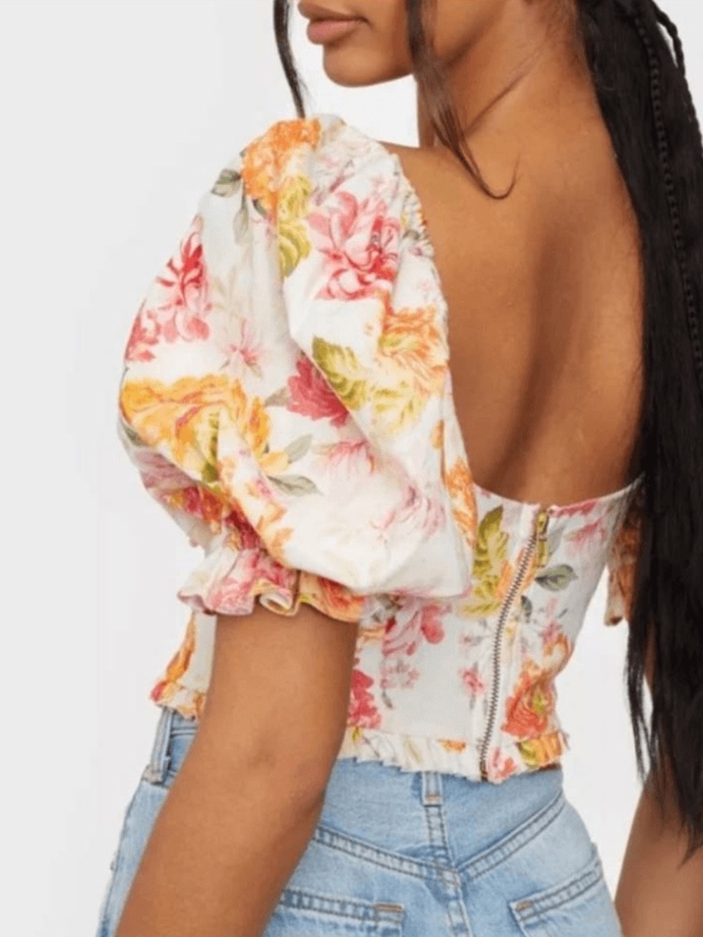 For Love and Lemons Peony Cropped Blouse in Coral Floral Print
